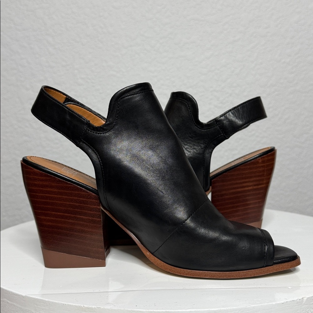 FRANCO SARTO ICELYNN BLACK LEATHER PEEP TOE BLOCK HEELED ANKLE STRAP BOOTIE - Picture 6 of 15